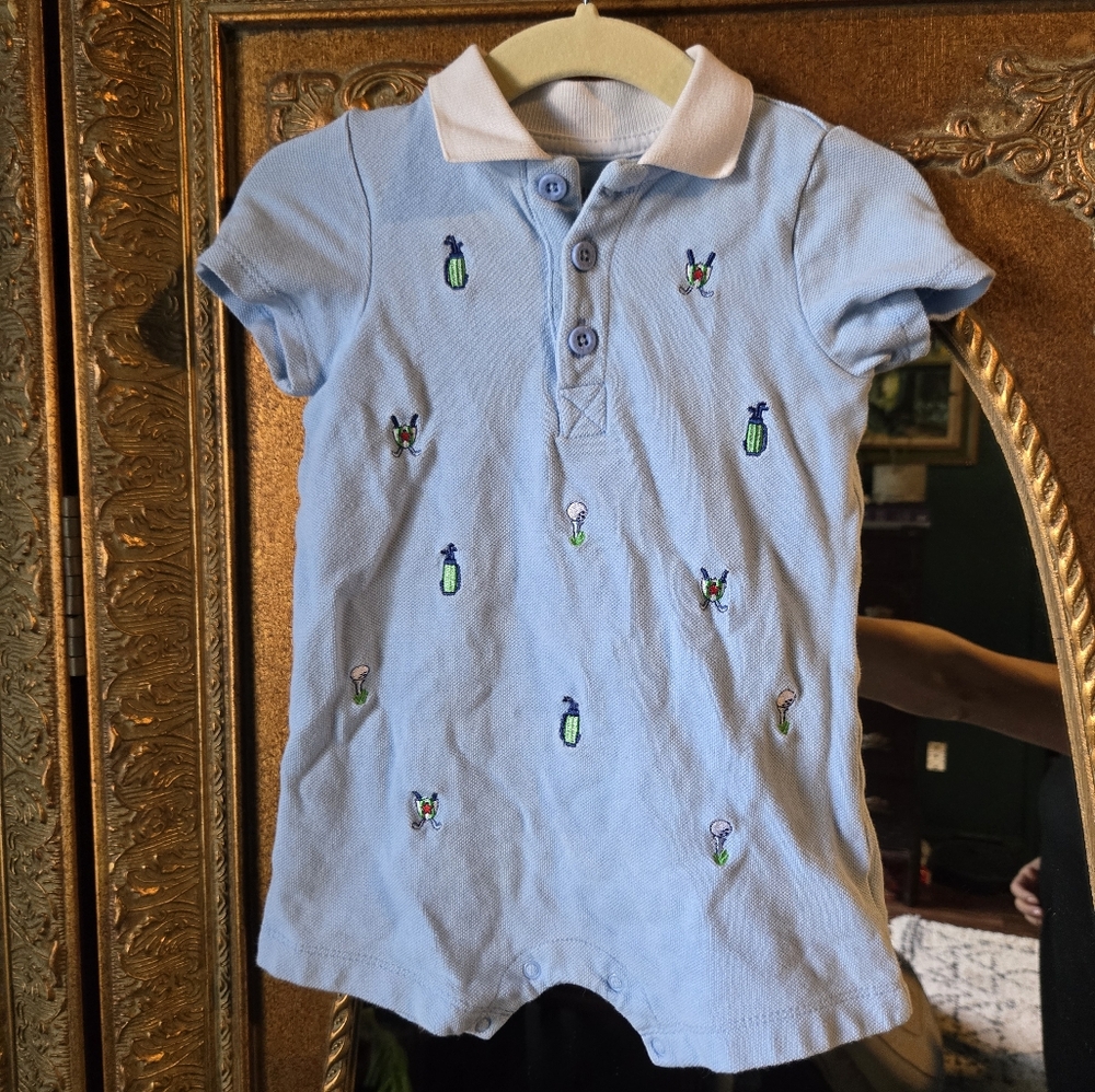 Little Me Embroidered Golf Polo Romper Nautical Design